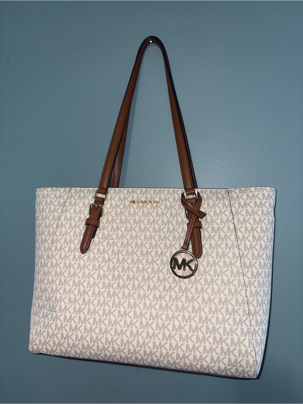 Michael Kors Cream Logo Tote with Brown Leather Straps
